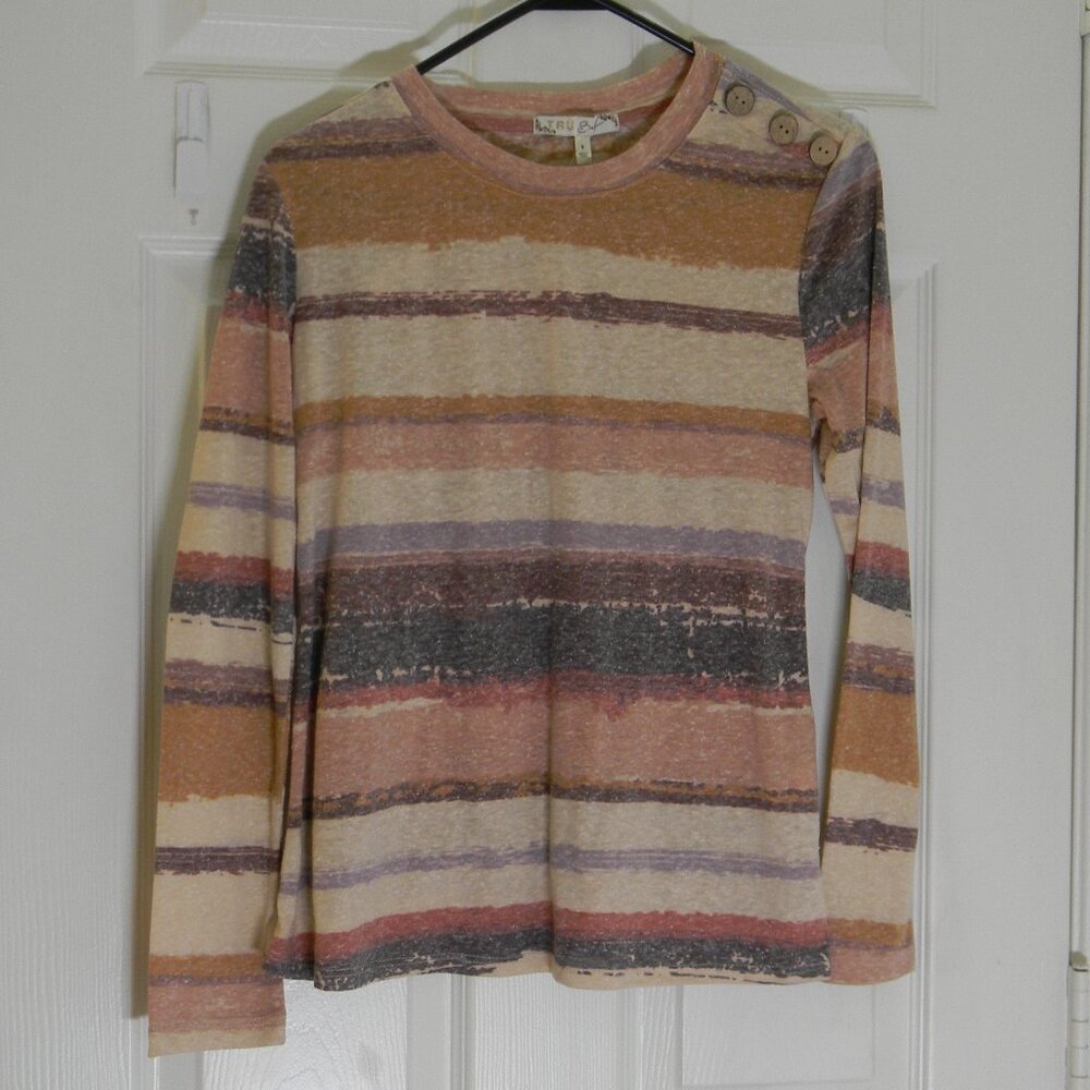 TruSelf Long Sleeve Brown Stiped Tee Wooden Buttons Sz Small NWOT